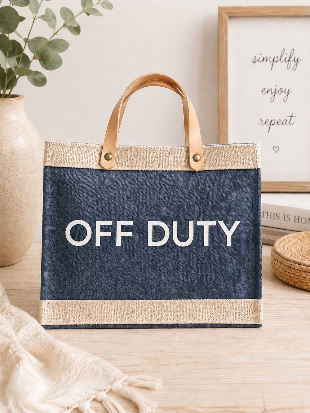 Off Duty Black Tote Bag with Natural Trim